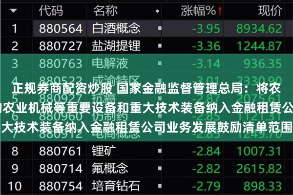 正规券商配资炒股 国家金融监督管理总局：将农林牧渔等27个产业中的农业机械等重要设备和重大技术装备纳入金融租赁公司业务发展鼓励清单范围